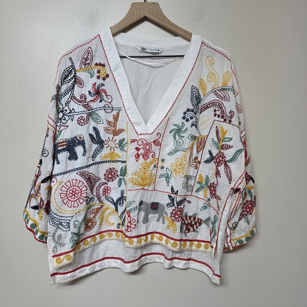 Zara Women M White Embroidered Tunic Blouse Boho Floral Elephant Oversized Top